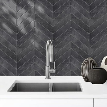 STICKGOO Herringbone Peel and Stick Backsplash, Shiny Black, 10 Sheets - color: Shiny Black With Dark Grey Grout, size: Pack of 10