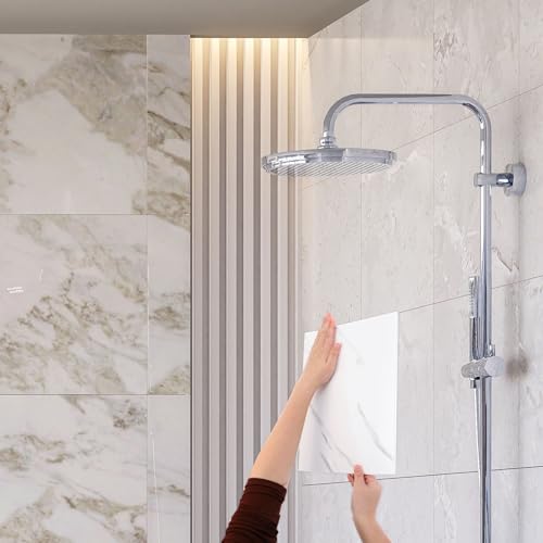 HARFINGTON 15pcs Peel and Stick Marble Tiles, Waterproof Wall Panel Backsplash, 12"x12" PVC Peel and Stick Shower Tiles for Bathroom, Kitchen, Living, Elegant White Design - style: Elegant White