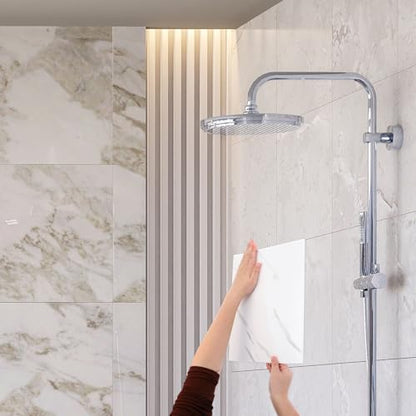 HARFINGTON 15pcs Peel and Stick Marble Tiles, Waterproof Wall Panel Backsplash, 12"x12" PVC Peel and Stick Shower Tiles for Bathroom, Kitchen, Living, Elegant White Design - style: Elegant White