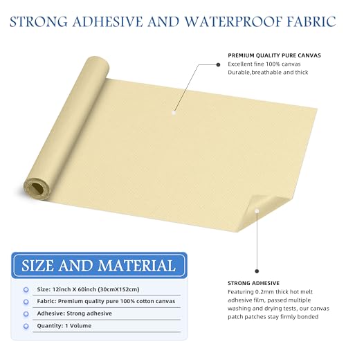 KING MOUNTAIN Canvas Iron on Patch,12"×60",Waterproof 100% Cotton Fabric Repair Patch,Used for Various Sofa,Tent,Clothes,Seats,Suitcases (Beige3.0,Waterproof) - color: Beige3.0, size: Canvas-12x60