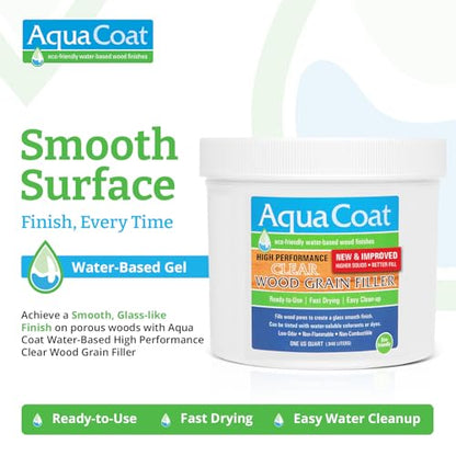 Aqua Coat New and Improved High Performance Eco-Friendly Water-Based Clear Wood Grain Filler Gel, Easily Sandable, Stainable, Paintable, Water Cleanup, Low Odor, Low VOC, Fast Drying, 32 oz - size: Quart