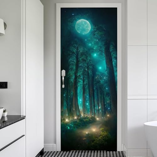 REDAMANCY Blue Green Forest Tree Moon Firebee Peel and Stick Door Stickers Vinyl 3D Door Mural Decals Decor Wallpaper Self-Adhesive, Waterproof, Removable - color: Mta-30