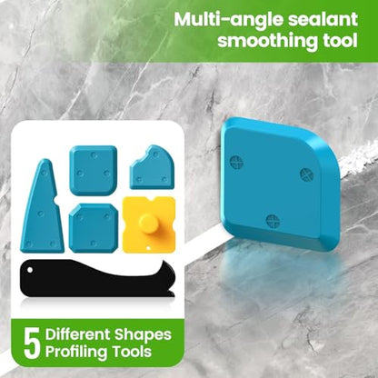 Caulking Tool 6 in 1 Silicone Caulking Grout Removal Sealant Finishing Tool with Grout Scraper, 6 Exchange Silicone Pads, Adhesive Residue Scraper Seam Repair Kit for Kitchen Bathroom