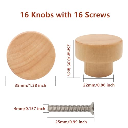 16PCS Wood Dresser Knobs Round Wooden Cabinet Drawer Pulls 35mm - color: Flat Top Natural, size: 16 Pieces