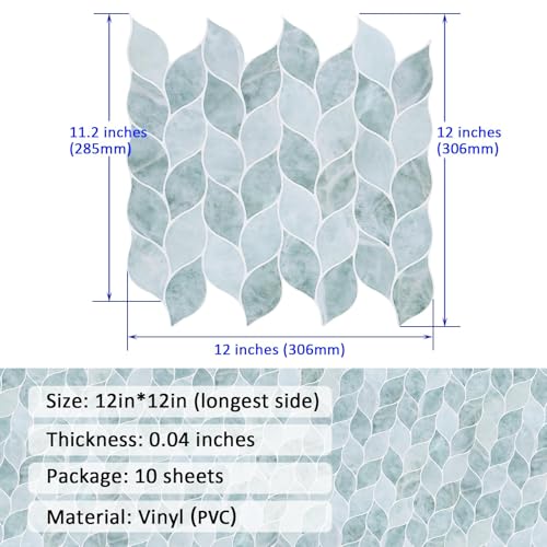 Tilingview 10 PCS Leaf Design Peel and Stick for Kitchen Backsplash, Premium Self-Adhesive Tiles Wall Stickers (Blue Green) - color: Blue Green, size: 12"x12"x0.04"