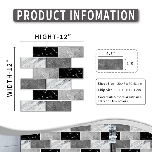 10 Sheets Peel and Stick Backsplash for Kitchen 12"X12" Back Splash Adhesive Subway Wall Tile Flat Vinyl Sticker for Bathroom on Renter Friendly Marble 2-6 (Not 3D Tile) - color: Grey Marble