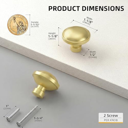 Goldenwarm Brushed Gold Cabinet Knobs, Round Drawer Handles 1-1/4 Inch 10 Pack | Rustproof Single Hole Cabinet Hardware, Solid Zinc Alloy, Screws Included for Cupboard Closet Furniture Upgrade - color: Brushed Brass, size: Knob(1-1/4 In)