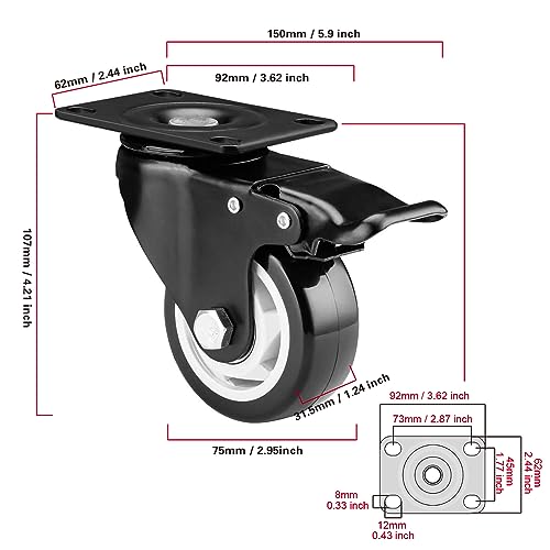 3" Swivel Casters Set of 4, Heavy Duty Locking Casters with Brakes - color: Black, size: 3 inch