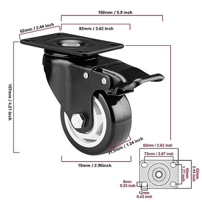 3" Swivel Casters Set of 4, Heavy Duty Locking Casters with Brakes - color: Black, size: 3 inch