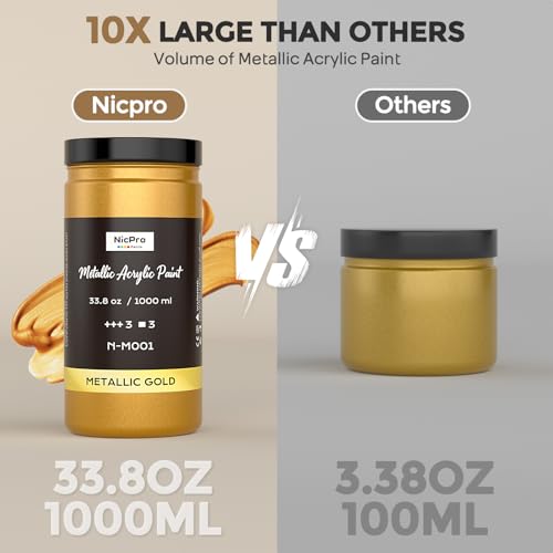 Nicpro Acrylic Paint Metallic Gold, 33.8oz/1000ml Large Gold Leaf Paint - color: Gold, size: 33.8 Fl Oz (Pack of 1)