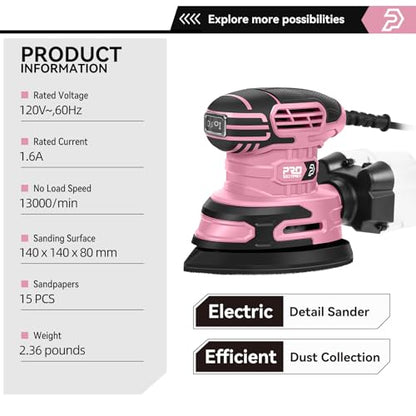 Prostormer Detail Sander, 13000RPM Mouse Sander, 1.6A Electric Palm Sanders - color: Pink