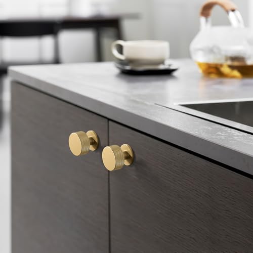 Gold Knurled Cabinet Knobs，1-1/4 Inch Drawer Pulls，6 Pack - color: Gold