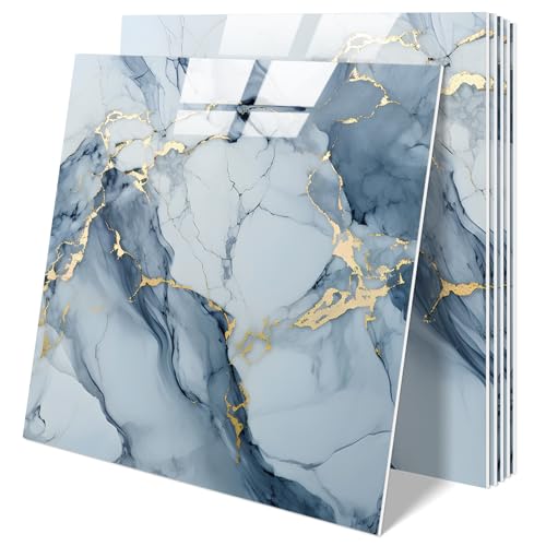 10 Sheets Marble Peel and Stick Backsplash Tile, 12"x12" Waterproof PVC Self Adhesive Tile Shower Wall Panels for Bathroom, Kitchen, Living Room (Metallic Blue) - color: Metallic Blue