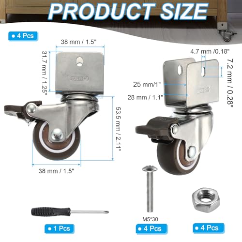 PATIKIL 1.5" Swivel Caster Wheels with 1" U Bracket, 4 Pack 360° Rotation Swivel Wheel with Brake Total Load 145 lbs Locking Caster for Cabinet Furniture Table Replacement - size: 1.5" x 1"