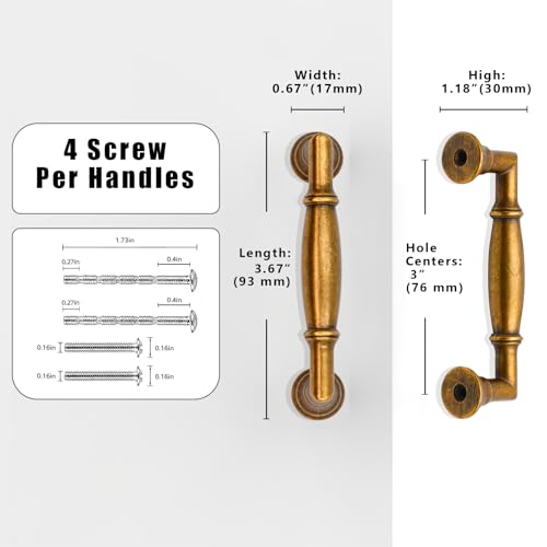 10 Pack Antique Brass Cabinet Pulls 3 Inch(76mm) Kitchen Cabinet Handles Cabinet Hardware for Drawer Pulls - color: Antique Brass, size: 3" Hole Center