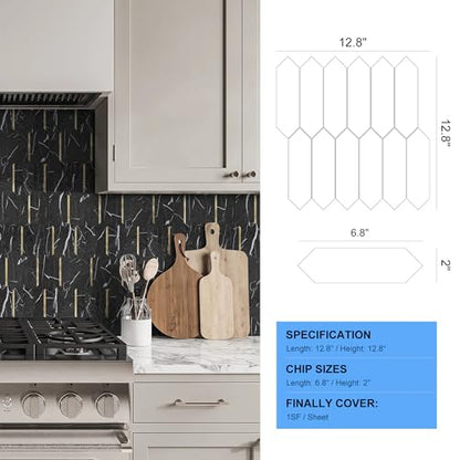 KASARO Peel and Stick Backsplash Long Hexagon Wall Tile, 10-Pieces, Black - color: Black