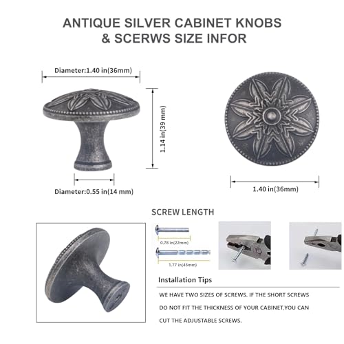 10 Pack Antique Silver Cabinet Knobs,1.4" Round Solid Antique Kitchen Cabinet Hardware Handles for Cabinets and Drawers, Silver Drawer Pulls Dresser Knobs - color: Antique Silver