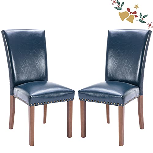 Parsons Dining Chairs Set of 2, Upholstered Nailhead PU Leather Dining Room Kitchen Side Chair with Thick Cushions and Wood Legs, Blue - color: Blue, size: set of 2