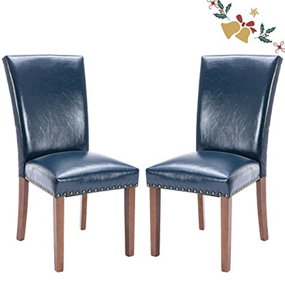 Parsons Dining Chairs Set of 2, Upholstered Nailhead PU Leather Dining Room Kitchen Side Chair with Thick Cushions and Wood Legs, Blue - color: Blue, size: set of 2