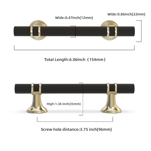 10 Pack 3-3/4 Inch Cabinet Pulls knurled Matte Black and Brushed Gold Kitchen Cabinet Handles Aluminum and Zinc Alloy Drawer Pulls Solid Cabinet Hardware - color: Black and Brushed Gold Knurled, size: 3-3/4'' Hole Center(96mm)