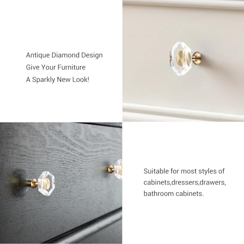 Guank 2-Pack Brass Base Crystal Drawer Knobs,Glass Crystal Gold Cabinet Knobs,1-5/16-Inch Hexagon,Kitchen Hardware Pulls, Modern Bathroom Hardware knob - color: hexagonal-1.2inch, size: 2 Pack