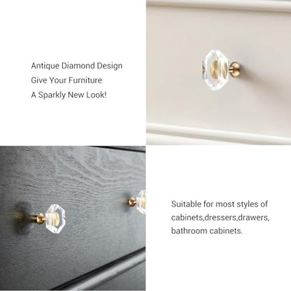 Guank 2-Pack Brass Base Crystal Drawer Knobs,Glass Crystal Gold Cabinet Knobs,1-5/16-Inch Hexagon,Kitchen Hardware Pulls, Modern Bathroom Hardware knob - color: hexagonal-1.2inch, size: 2 Pack