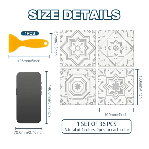 36 Pcs 4 Styles Gray and White Patten Tile Sticker Geometric Patten Wall Tile Stickers Waterproof Self Adhesive Stick on Decals for Kitchen Bathroom Wall Art 4×4 Inch - color: Gray and White Patten