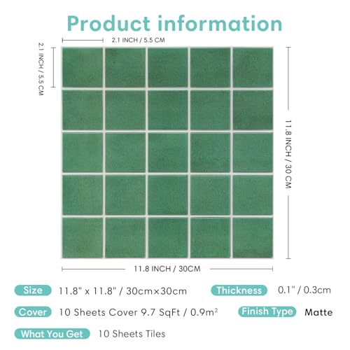 Commomy Matte 3D Peel and Stick Tile,10 Pcs 11.8"x11.8" Forest Green - color: Jungle Green