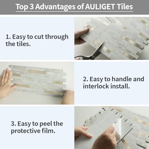 AULIGET 2 Sheets Faux Stone Peel and Stick Backsplash, Beige Stone Look PVC Wall Tile Stick on Backsplash for Kitchen and Bathroom - color: Beige Stone + Metal Gold, size: 2 Sheets, 6"x12"x0.12"