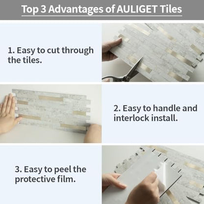 AULIGET 2 Sheets Faux Stone Peel and Stick Backsplash, Beige Stone Look PVC Wall Tile Stick on Backsplash for Kitchen and Bathroom - color: Beige Stone + Metal Gold, size: 2 Sheets, 6"x12"x0.12"
