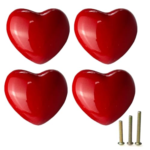 4Pcs Red Drawer Knobs, Heart Cabinet Knobs and Pulls - color: Red