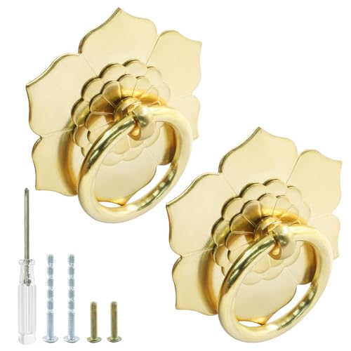 Murtenze Brass Ring Pulls Handle, Gold, 2 Pieces, Flower-2 - color: Gold, Flower-2