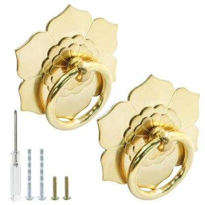 Murtenze Brass Ring Pulls Handle, Gold, 2 Pieces, Flower-2 - color: Gold, Flower-2