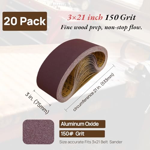 20 Pack 3 x 21 Inch Sanding Belts, 150 Grit - size: 150 Grit