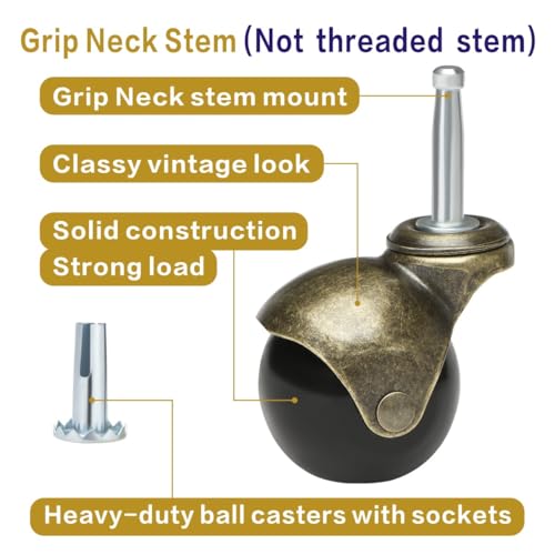 JGJC 2" Antique Brass Ball Casters 4-Pack, 5/16"×1-1/2" (M8 Grip Neck Stem)