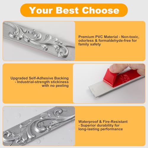3 Pack 16.4FT Silver Peel and Stick Crown Molding Trim Kit – Flexible Self-Adhesive Mirror Trim for Cabinets, and Frame Edges - color: Silver 3 Pack