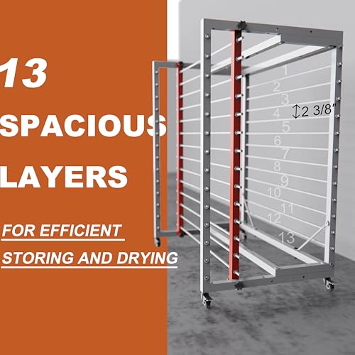 Drying Painting Rack for Cabinet Doors – 13-Tier Metal Panel Stand with Locking Wheels and Adjustable Depth