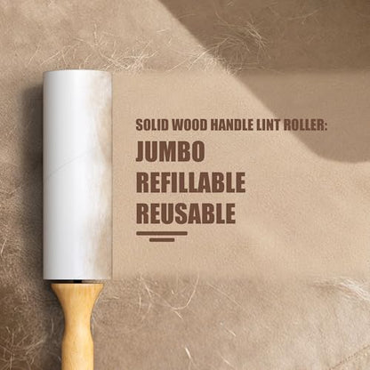 Diagonal Tear Lint Roller with Wooden Handle- 6.3 Inch Refills, 4 Rolls x 100 Sheets with Adjustable Tool | Pet Hair Remover for Furniture, Clothing | Ergonomic Grip, Durable Design
