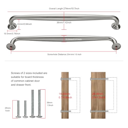 SAILING 5 Pack Cabinet Handles-10/254mm Screw Spacing Brushed Nickel Furniture Hardware Handles for Kitchen Cabinets Bedroom Dresser Wardrobe Cabinet Pulls - color: Brushed Nickel, size: 10"(254mm)Hole Center-5Pcs