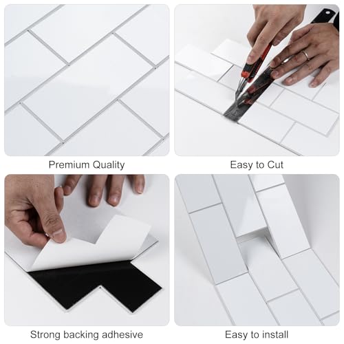 Peel and Stick Backsplash Tile, 20 Sheets White Subway Tile, 13.5" x 5.8" 3D PVC Self Adhesive Wall Tile for Kitchen, Bathroom, Fireplace, RV - color: White-white