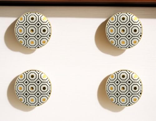 Set of Six Gold Silver And White Geometric Ceramic Drawer Pull Knobs