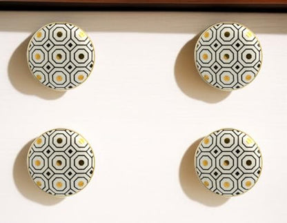 Set of Six Gold Silver And White Geometric Ceramic Drawer Pull Knobs