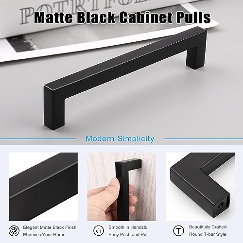 KNOBWELL 20 Pack| 6-3/10 inch Black Cabinet Pulls, 160mm Kitchen Cabinet Handles Stainless Steel Square Pulls for Cupboard Dresser Drawer Closet Wardrobe Vanity - color: Matte Black, size: Hole Center:6-3/10 inch(160mm)