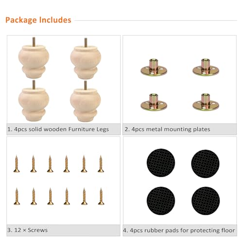 3 Inch Wood Furniture Legs Set of 4 Round Bun Feet Dresser Cabinet Sofa - size: 3inch
