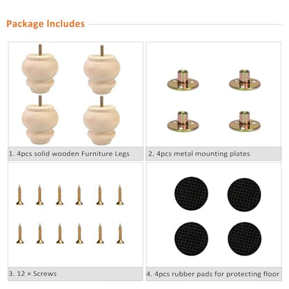 3 Inch Wood Furniture Legs Set of 4 Round Bun Feet Dresser Cabinet Sofa - size: 3inch