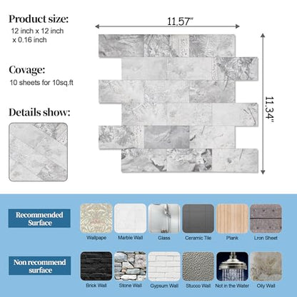 2026 New Upgrade Peel and Stick Backsplash Tile, Peel and Stick 11.34" X 11.57" Wall Tile for Kitchen, Bathroom, Fireplace, Laundry (Gray Stone, 10 Packs) - color: Gray Stone