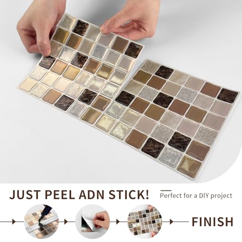 URCOLOR 20 Sheets 3D Self-Adhesive Mosaic Backsplash Tile Peel and Stick - color: Beige Brown