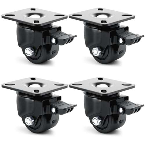 2-Inch Casters Set of 4 Heavy Duty, Load 2200 LBS Low Gravity Plate Swivel Caster Wheels with Brake, Durable Sturdy Extra Width Nylon Wheels for Industrial, Equipment - size: 2 IN