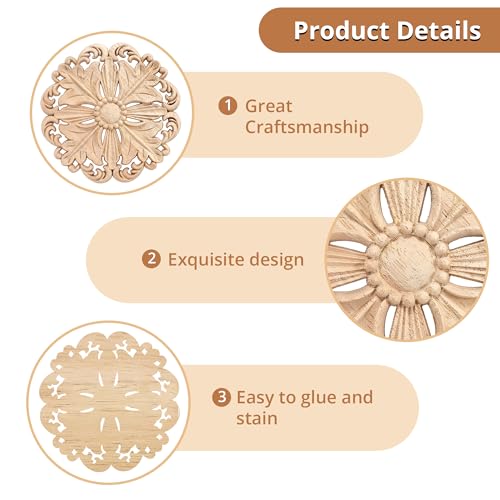4Pcs Round Solid Wood Carved Appliques 5.1x5.1in Unpainted Furniture Onlays