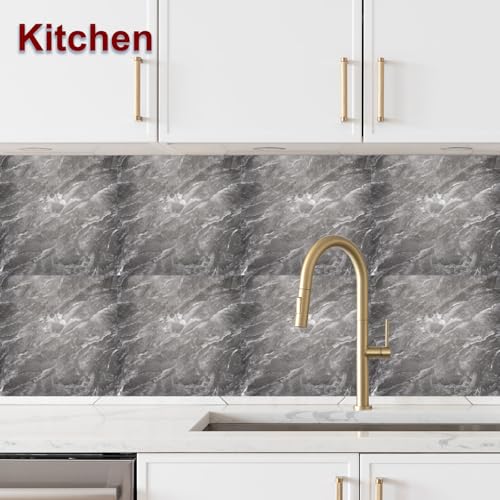 HARFINGTON 15pcs Peel and Stick Marble Tiles, Waterproof Wall Panel Backsplash, 12"x12" PVC Peel and Stick Shower Tiles for Bathroom, Kitchen, Living, Slate Gray Design - style: Slate Gray